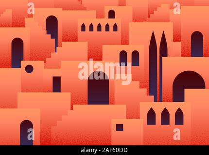 Abstract flat background with eastern, arabic or muslim ancient city with arches and step ladders in lush lava color Stock Vector