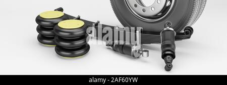 Many new auto parts for commercial transport truck. Spare parts for suspension truck. Truck parts air spring, tire and shock absorber. 3d rendering Stock Photo