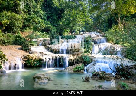 Thuong hamlet, Thach Thanh commune, Thanh Hoa province, Vietnam - September 30, 2019: see beautiful pictures of May Waterfall, this waterfall has nine Stock Photo