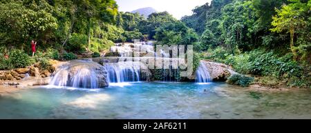 Thuong hamlet, Thach Thanh commune, Thanh Hoa province, Vietnam - September 30, 2019: see stunning panoramas of May waterfall, this waterfall has nine Stock Photo