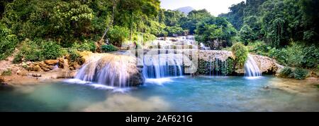 Thuong hamlet, Thach Thanh commune, Thanh Hoa province, Vietnam - September 30, 2019: see stunning panoramas of May waterfall, this waterfall has nine Stock Photo