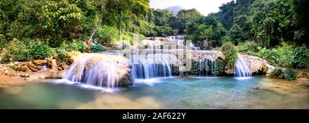 Thuong hamlet, Thach Thanh commune, Thanh Hoa province, Vietnam - September 30, 2019: see stunning panoramas of May waterfall, this waterfall has nine Stock Photo