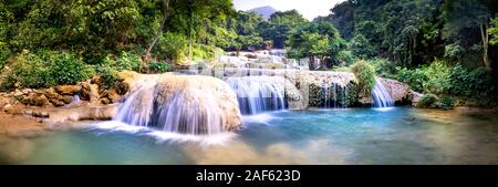 Thuong hamlet, Thach Thanh commune, Thanh Hoa province, Vietnam - September 30, 2019: see stunning panoramas of May waterfall, this waterfall has nine Stock Photo