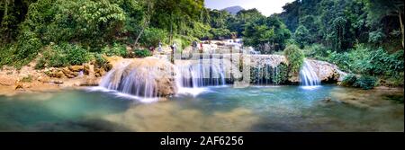 Thuong hamlet, Thach Thanh commune, Thanh Hoa province, Vietnam - September 30, 2019: see stunning panoramas of May waterfall, this waterfall has nine Stock Photo