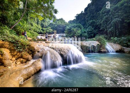 Thuong hamlet, Thach Thanh commune, Thanh Hoa province, Vietnam - September 30, 2019: see beautiful pictures of May Waterfall, this waterfall has nine Stock Photo