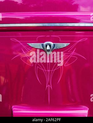 Pinstipe paint detail on a restored and modified 1937 Plymouth Delivery Van in the Moab April Action Car Show in Moab, Utah. Stock Photo