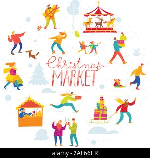 Vector Christmas winter design for holiday market with shopping and active people in a circle. Stock Vector