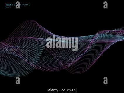 Abstract technology futuristic network design particle blue and pink dot wave on black background. Dynamic particles lines flowing on glowing dots. Ve Stock Vector