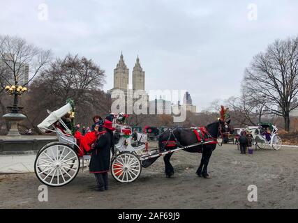 New York, USA. 04th Dec, 2019. In Central Park there is a horse with a tense carriage in front of which a coachman speaks to the carriage guests. (Zu dpa: 'Once upon a time in New York - Christmas time in the movie set') Credit: Benno Schwinghammer/dpa/Alamy Live News Stock Photo
