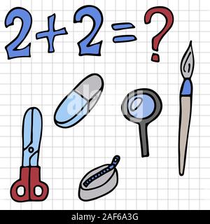 school items. magnifier, eraser, pencil case, scissors, 2. cartoon doodle stock vector illustration Stock Vector
