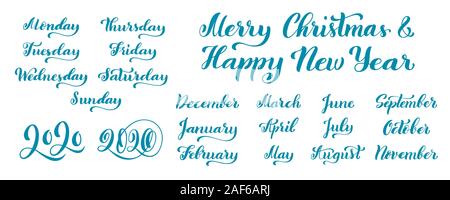 Big vector handdrawn calligraphic monthly set with months, year 2020 and days of week. Merry Christmas and happy new year 2020. Brush calligraphy, han Stock Vector