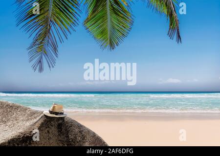 Tropical beach with beautiful rock, palm and beach accessories Stock Photo