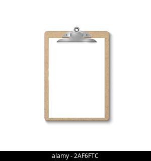 Vector 3d Realistic Brown Craft Clipboard with Blank Paper, Metal Clip Icon Closeup Isolated on White Background. Design Template for Notes, Mockup Stock Vector