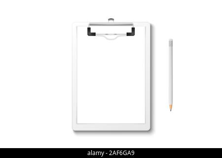 Vector 3d Realistic White Clipboard with Blank Paper, Metal Clip, Wood Pencil Set Closeup Isolated on White Background. Design Template for Notes Stock Vector