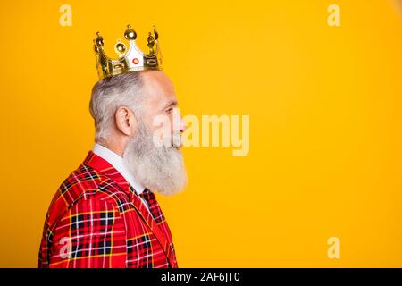 Profile photo of cool grandpa white beard vip king guy looking empty space wear golden crown plaid red blazer tie outfit isolated bright yellow color Stock Photo