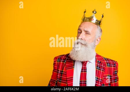 Close up photo of cool look grandpa white beard see pretty young princess flirty eyes wear golden crown red blazer tie outfit isolated bright yellow Stock Photo