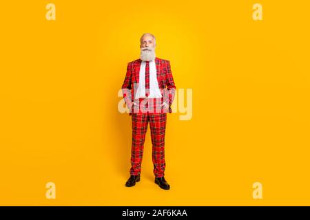 Full length photo of cool grandpa guy white beard groom man ready for wedding ceremony start wear red blazer tie pants outfit isolated yellow color Stock Photo