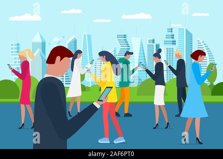 Crowd men and women walking on future city park using smartphones. Internet social network addiction concept. Millenial influencer group holding mobile gadgets on parkland. Vector illustration Stock Vector