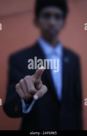 Businessman hand touching empty virtual screens Stock Photo