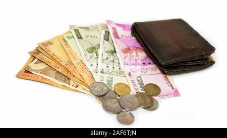 Indian Currency Two Thousand and Five Hundred with Coins and Wallet Stock Photo