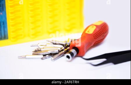 Professional tool and accessories for electrician on white background. Stock Photo