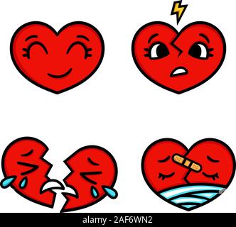 Cute cartoon emoticon hearts set, happy, sad, broken. Doodle style vector heart illustration. Isolated on white background. Heart collection. Emoticon Stock Vector