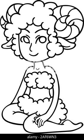 Aries. Zodiac girl. Beautiful horoscope symbol woman, vector illustration isolated on white background. Outline clipart for coloring page. Black and w Stock Vector