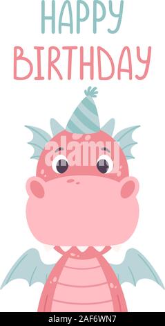 Cute cartoon dragon. Festive toothy smiling pink funny dinosaur with blue wings. Scandinavian style. Happy birthday greeting card. Vector illustration Stock Vector