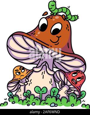 Cute cartoon mushrooms on green grass with caterpillar on hat. Vegetables vector illustration. Modesty, envy, admiration. Isolated on white background Stock Vector