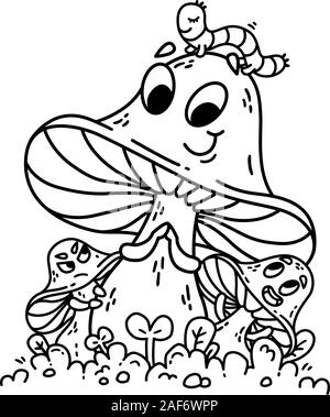 Cute cartoon mushrooms on green grass with caterpillar on hat. Vegetables vector illustration. Modesty, envy, admiration. Isolated on white background Stock Vector
