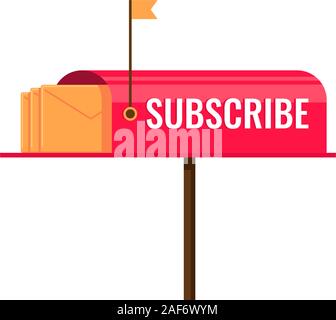 Subscribe inscription on red mailbox with flag and letter envelopes. Postage email news subscription symbol for websites and internet app design. Vector flat illustration Stock Vector