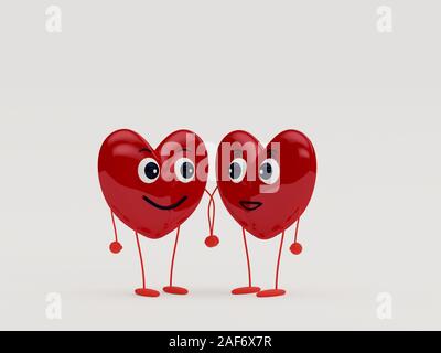 A couple of hearts characters standing and holding hands while looking each other in love white background - 3D rendering Concept Stock Photo