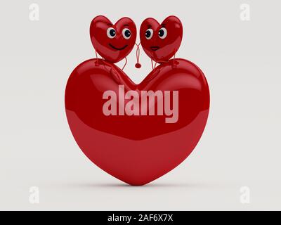 A couple of hearts characters sitting in a big heart holding hands and looking each other in love white background - 3D rendering Concept Stock Photo