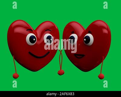 A couple of hearts characters holding hands and looking each other in love green chroma key background - 3D rendering Concept Stock Photo