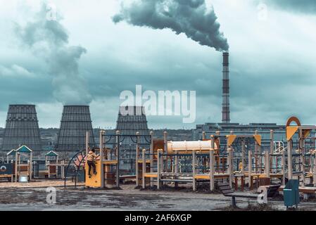 of large pipes belching smoke from thermal power plants Stock Photo