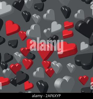 Black Gray Red Colors Hearts Seamless Pattern, 3D Illustration on Gray Background Stock Vector