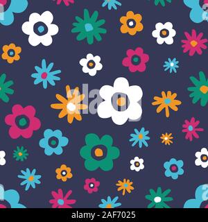 Bold Retro Graphic Floral Vector Seamless Pattern. Simplistic Oversized Hand Drawn Colourful Scattered Daisies, Blooms on Dark Grey Background. Minima Stock Vector