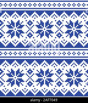 Christmas winter vector seamless navy blue pattern with snowflakes, inspired by Sami people, Lapland folk art design, traditional knitting and embroid Stock Vector