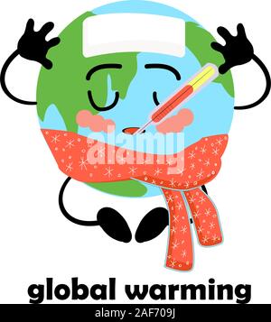 Global warming. Rising planet temperature. Earth Climate Change. Catastrophe. Banner on the topic of environmental issues. Planet earth character Stock Vector