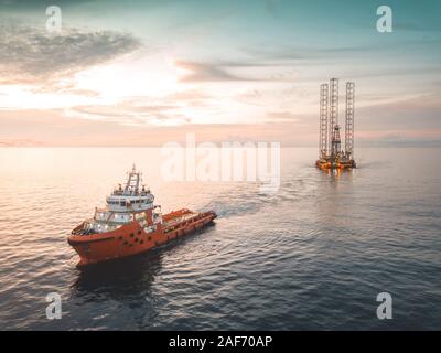 Aerial image during rig move operation in offshore oil field Stock ...