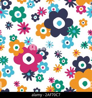Bold Retro Graphic Large Scale Floral Vector Seamless Pattern. Simplistic Oversized Hand Drawn Colourful Daisies, Blooms on White Background. Minimal Stock Vector