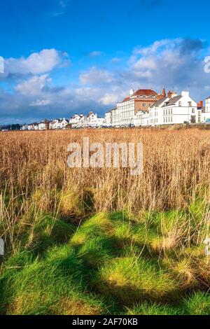 A sunny view across marsh land of Parkgate on the Wirral Peninsula. Stock Photo