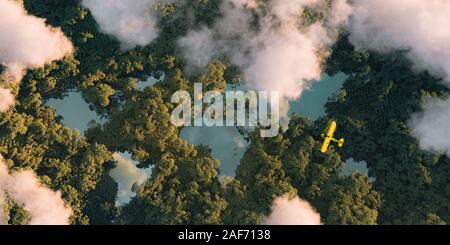 Sustainable habitat world concept. Distant aerial view of a dense rainforest vegetation with lakes in a shape of world continents, clouds and one smal Stock Photo