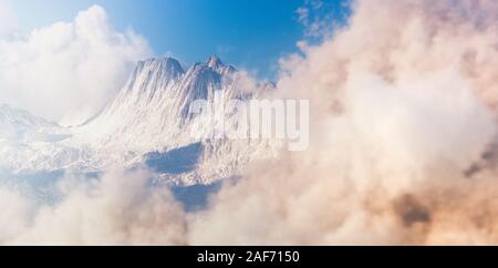 Aerial view of morning moutain landscape with clouds in forereground and background. 3d rendering. Stock Photo