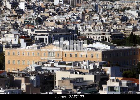 Athens, Greece - July 20, 2019: The seat of the Hellenic parliament photographed from the acropolis Stock Photo