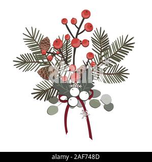 A simple rural Christmas composition - branches of a Christmas tree cedar, berries, and cones. Isolated vector illustration. Stock Vector