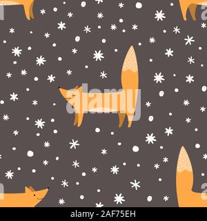 Foxes and snowflakes seamless pattern. Winter background with cute animals. Scandinavian style. Vector illustration. Stock Vector
