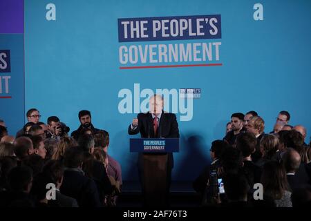 London, UK. 13th Dec, 2019. British Prime Minister Boris Johnson delivers a victory speech early on Friday, December 13, 2019. Mr Johnson's Government has secured the biggest majority in the General Election since the 1980's to enable the government to get Brexit passed by January 31 2020. Photo by Hugo Philpott/UPI Credit: UPI/Alamy Live News