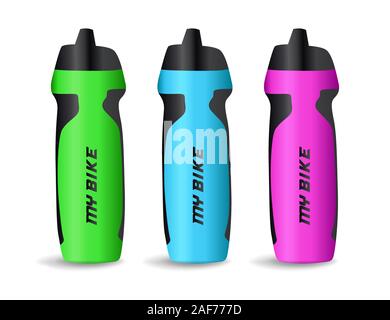 Set of colorful plastic bicycle water bottles, sport equipment icon isolated on white background, vector illustration. Stock Vector