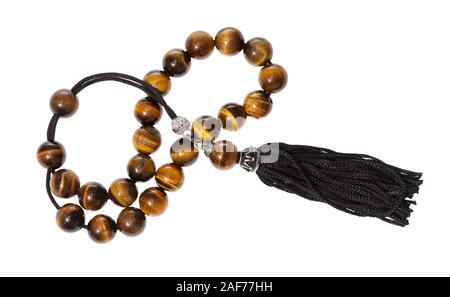 tangled worry beads from tiger's eye gemstones isolated on white background Stock Photo